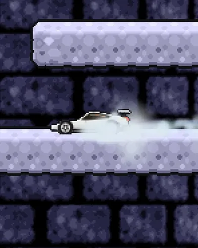 The Roadster touching down on a platform inside a spreading white cloud.