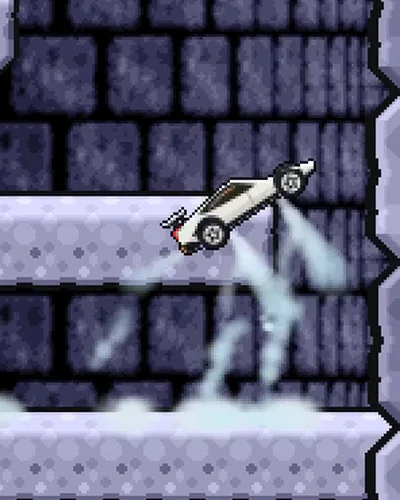 The Roadster leaving a platform nose-up, two columns of gas under it and a cloud on the floor.