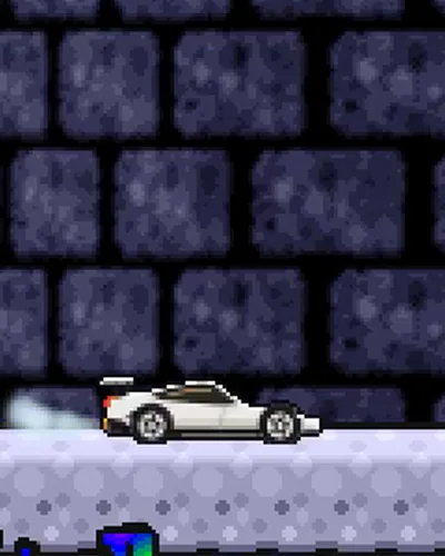 The Roadster parked on a platform with a small white puff behind it.